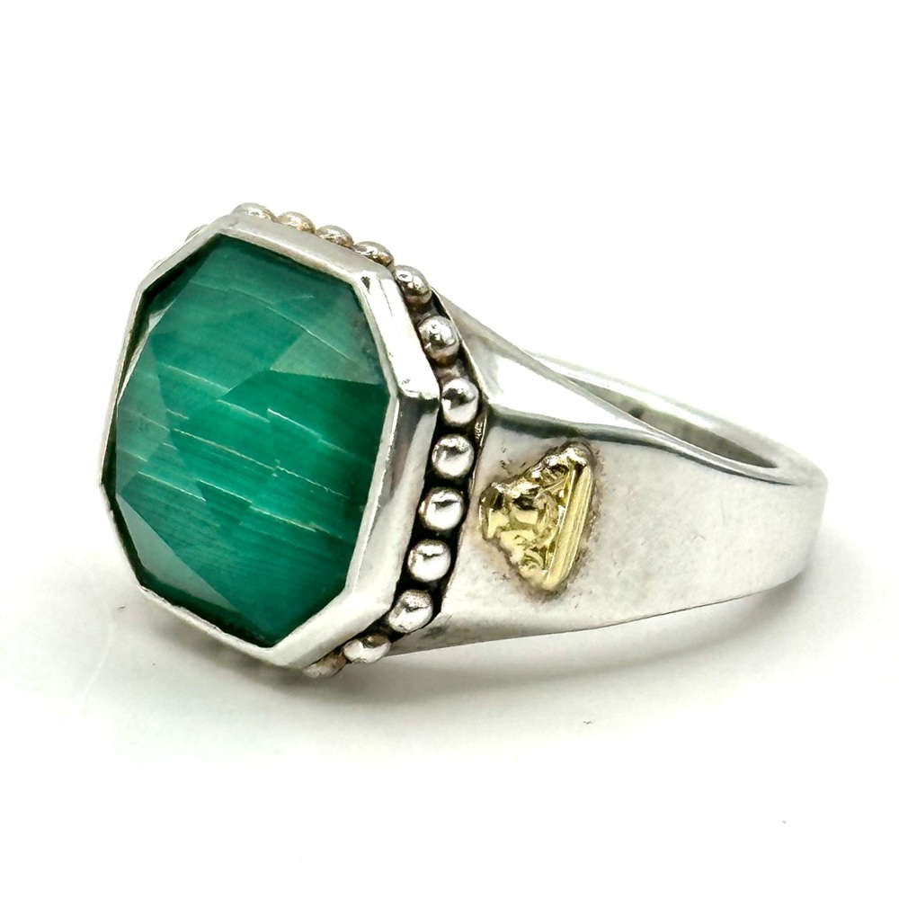 Lagos Silver & 18 Kt Gold Quartz & Malachite Doublet Ring Size 7